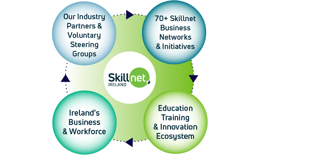 Diagram: Our Industry Partners & Voluntary Steering Groups; 70+ Skillnet Business Networks & Initiatives; Ireland's Business & Workforce; Education Training & Innovative Ecosystem.